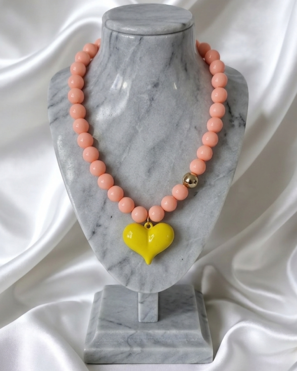 sz243 Złoty naszyjnik 46+5cm stal chirurgiczna koraliki akrylowe serce