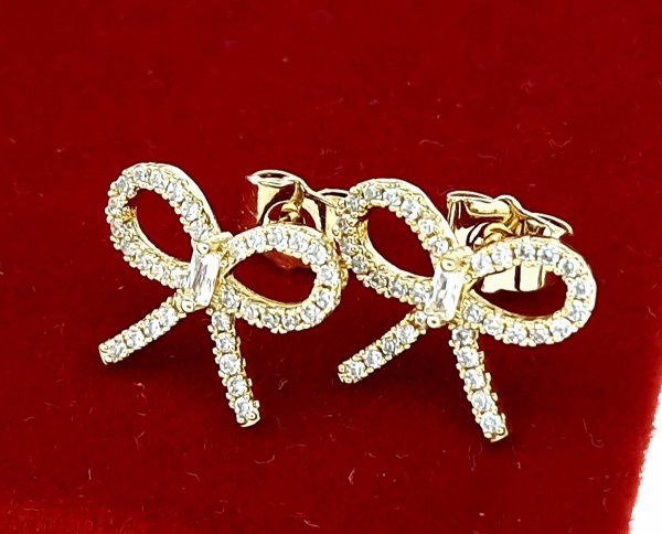 3924 Kolczyki złote pozłacane wtyczki 14K cyrkonie kokardka