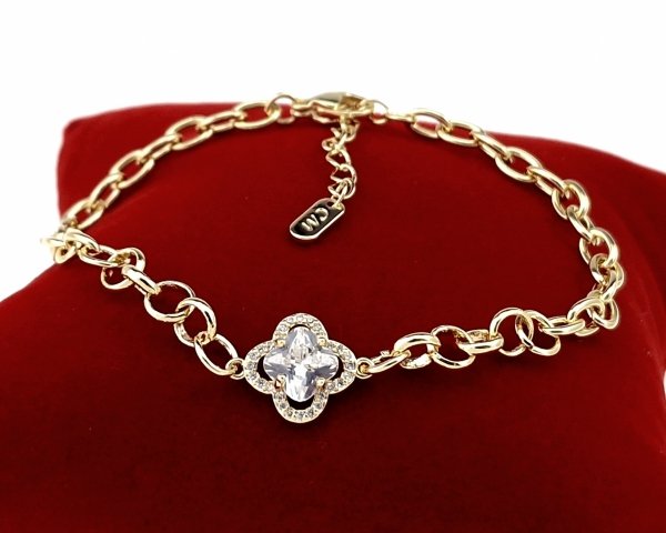 841 Bransoletka elegancka złota 17+3cm pozłacana 14k cyrkonie koniczyna marokańska