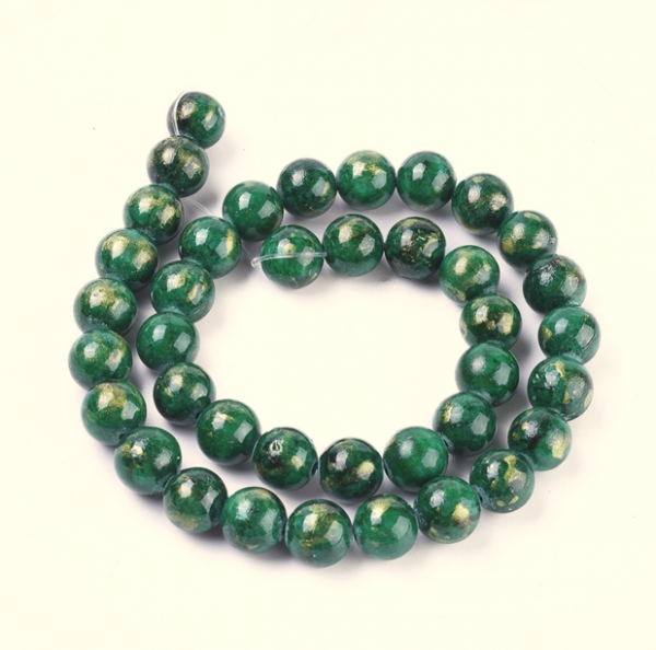 1000 Naturalne koraliki  jadeit Mashan, w nitkach, z folią złotą, barwione, okrągłe, ciemnozielone, 10 mm, otwór: 1,4 mm, około 39 sztuk