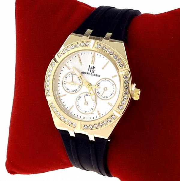 955 Ekskluzywny damski złoty zegarek błyszczący cyrkonie klasyk silikonowy pasek