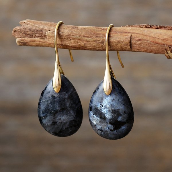 642 Kolczyki złote pozłacane wiszące 14k larwakit kamień naturalny