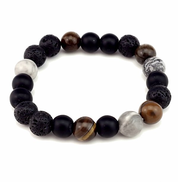 842L Bransoletka na gumce lawa wulkaniczna, tygrysie oko kamień naturalny