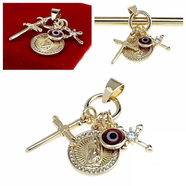 1879c Złota zawieszka błyszcząca pozłacana 14k serce krzyż oko proroka