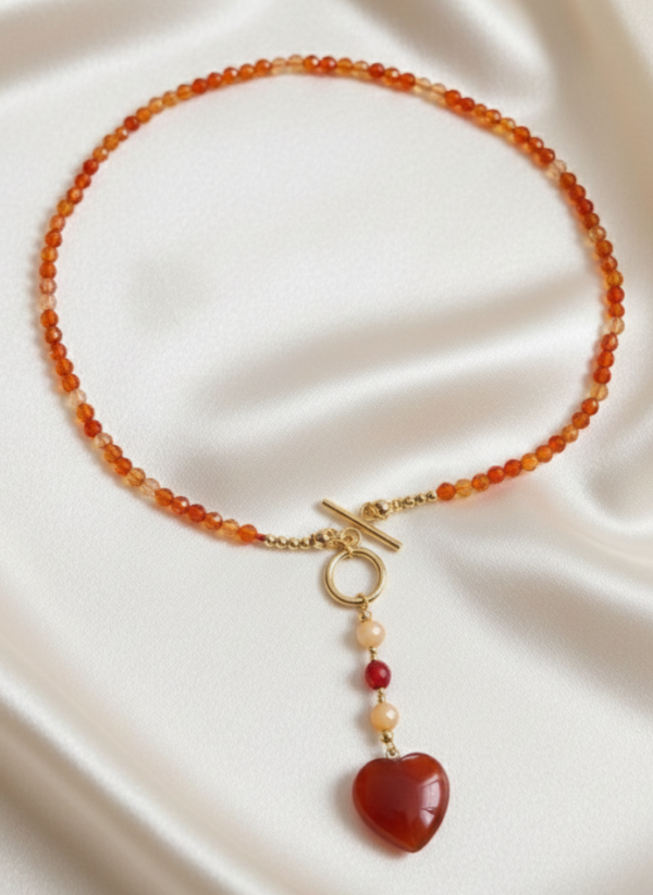 3734j Naszyjnik agat czerwony kamień naturalny 42cm stal chirurgiczna nierdzewna naszyjnik