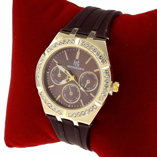 1093 Ekskluzywny damski złoty zegarek błyszczący cyrkonie klasyk silikonowy pasek