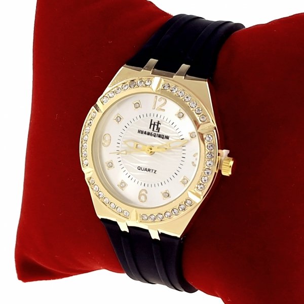 2053 Ekskluzywny damski złoty zegarek błyszczący cyrkonie klasyk silikonowy pasek