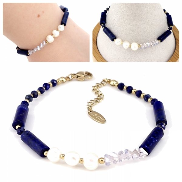 1151 Bransoletka złota 18+3 stal chirurgiczna 316L celebrytka lapis lazuli
