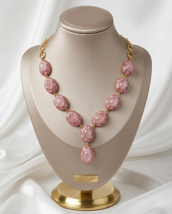 2900 Naszyjnik królewski kamienie naturalne kwarc różowy 50+5cm pozłacany 14k 