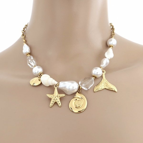 op224 Złoty łańcuszek 40+5 naszyjnik stal chirurgiczna nierdzewna 316L muszelka rozgwiazda perły