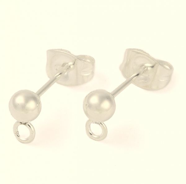 3517 2x Zapięcia sztyfty bigle do kolczyków ze stali nierdzewnej 304, z pętelką i zatyczkami do uszu/zapięciami, srebro, 15 x 7 mm, otwór: 1,7 mm, kulka: 4 mm, trzpień: 0,8 mm