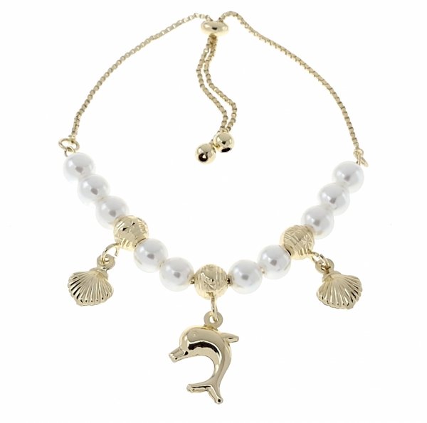 0133  Bransoletka elegancka złota zaciągana pozłacana 14k perły delfin muszelka