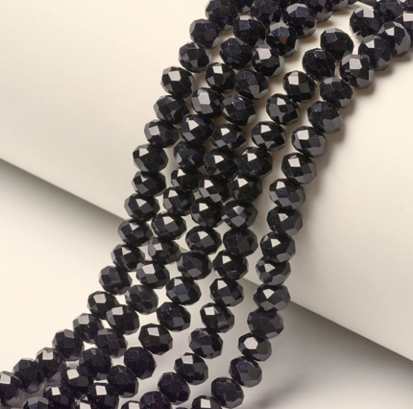 1599 Nieprzezroczyste, jednokolorowe koraliki szklane, fasetowane, okrągłe, czarne, 3,5~3,8 x 3 mm, otwór: 0,4 mm, ok. 105~110 szt./sznur, 29~31 cm