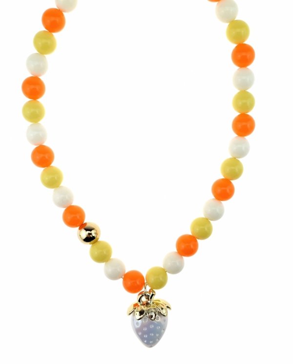 sz290 Złoty naszyjnik 44+5cm stal chirurgiczna koraliki akrylowe truskawka