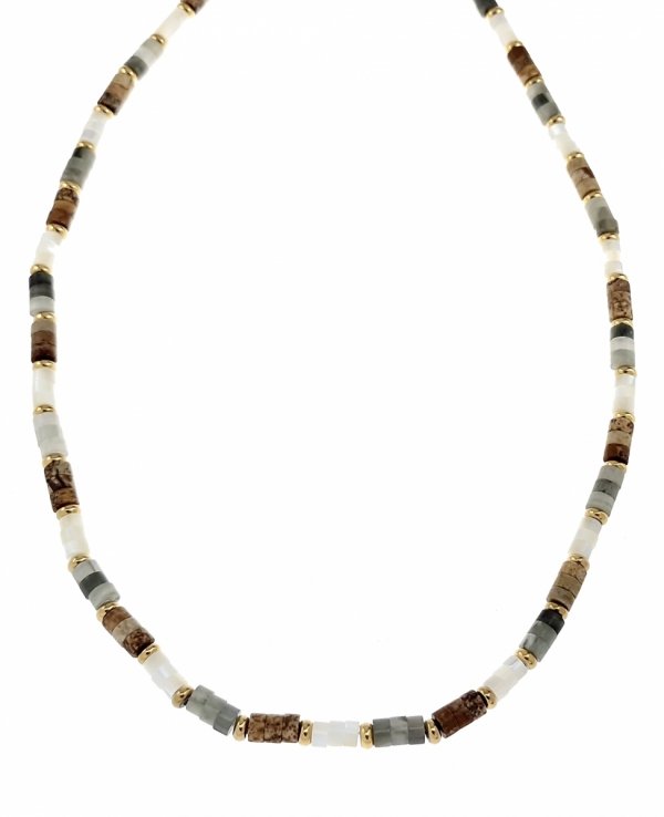 3331 Złoty łańcuszek jaspis obrazkowy kamień naturalny 44+5 stal chirurgiczna nierdzewna naszyjnik masa perłowa