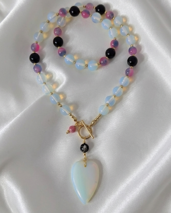 2319f Naszyjnik opal, jadeit kamień naturalny 50cm stal chirurgiczna nierdzewna 