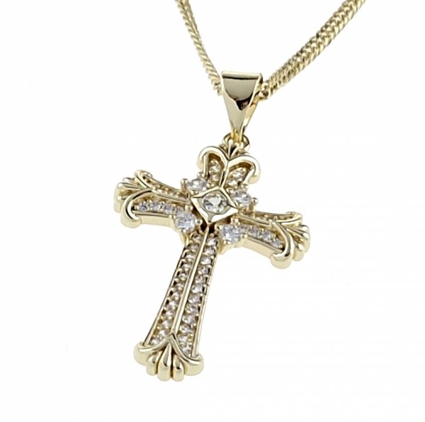 1745L Złota zawieszka błyszcząca pozłacana 14k cyrkonie krzyż