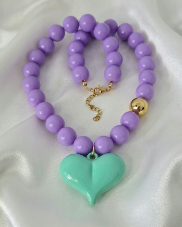 sz233 Złoty naszyjnik 46+5cm stal chirurgiczna koraliki akrylowe serce