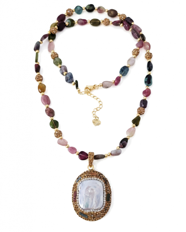 2819b Naszyjnik mix kamieni 60+5cm pozłacany 14k 