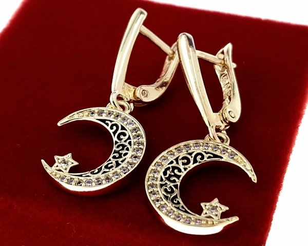 sz214 Kolczyki złote pozłacane 14k wiszące księżyc