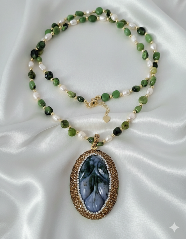 3770 Naszyjnik kamienie naturalne agat, perły 60+5cm pozłacany 14k