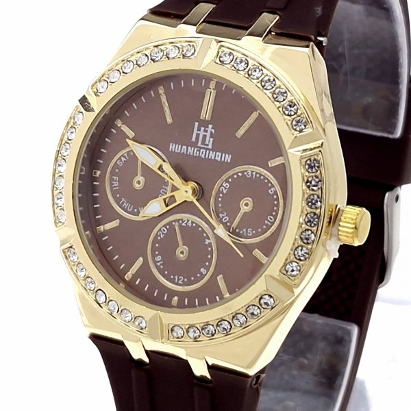 1093 Ekskluzywny damski złoty zegarek błyszczący cyrkonie klasyk silikonowy pasek