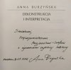 Anna Burzyńska Dekonstrukcja i interpretacja [dedykacja autorska]