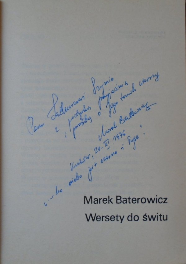 Marek Baterowicz • Wersety do świtu [dedykacja autorska]