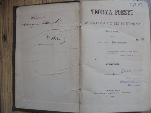 Antoni Bądzkiewicz Teorya poezyi w związku z jej historyą opowiedziana [1875]