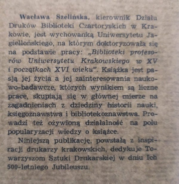 Wacława Szelińska Drukarstwo krakowskie 1474-1974