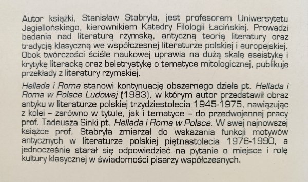 Stanisław Stabryła Hellada i Roma. Recepcja antyku w literaturze polskiej w latach 1976-1990