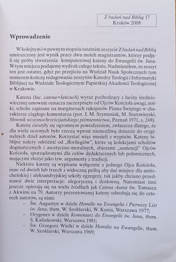 Robert Czaja, o. Grzegorz Marszałkowski Katena do Ewangelii św. Jana