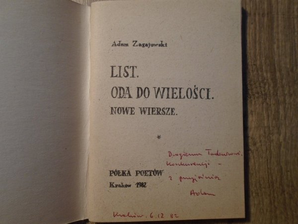Adam Zagajewski • List. Oda do wielości [dedykacja autorska]