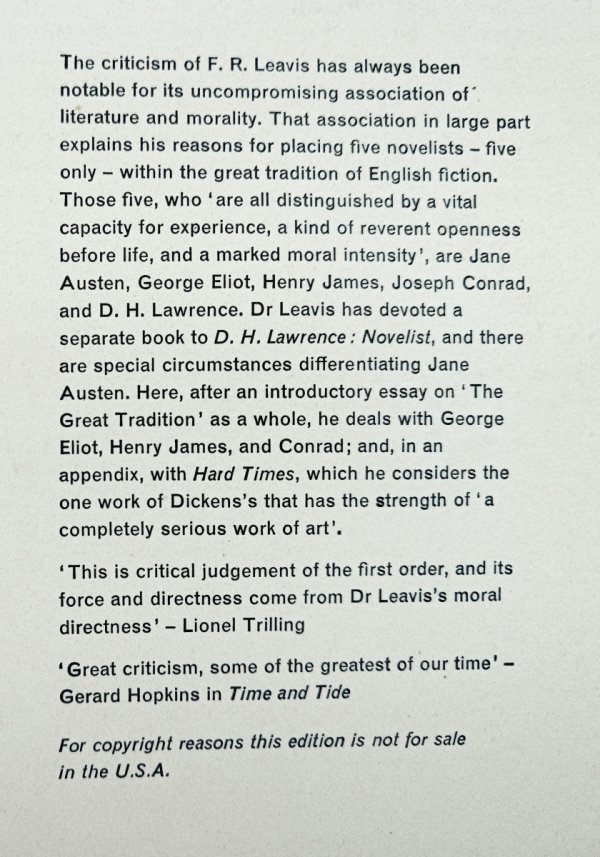 F.R. Leavis The Great Tradition. George Eliot, Henry James, Joseph Conrad