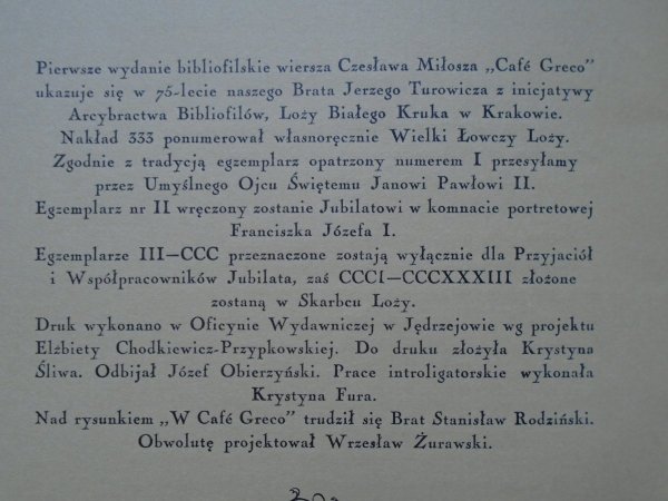 Czesław Miłosz • Caffe Greco [wydanie bibliofilskie]