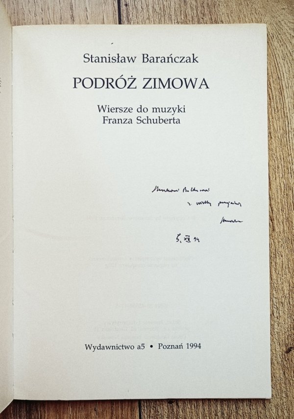 Stanisław Barańczak Podróż zimowa [dedykacja autorska]
