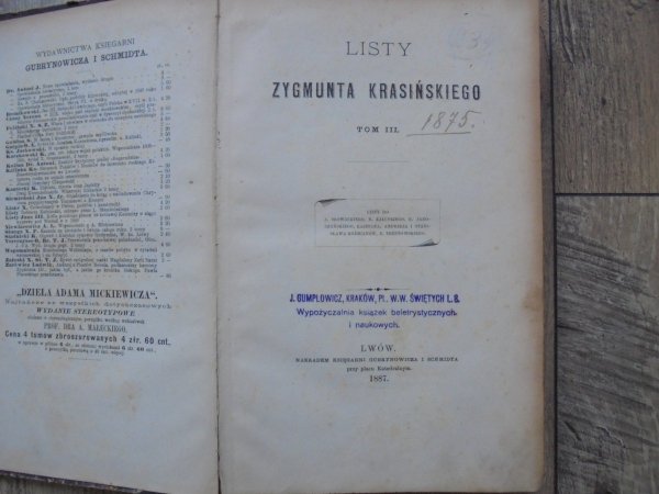 Zygmunt Krasiński • Listy Zygmunta Krasińskiego tom III [1887] [stara reklama]