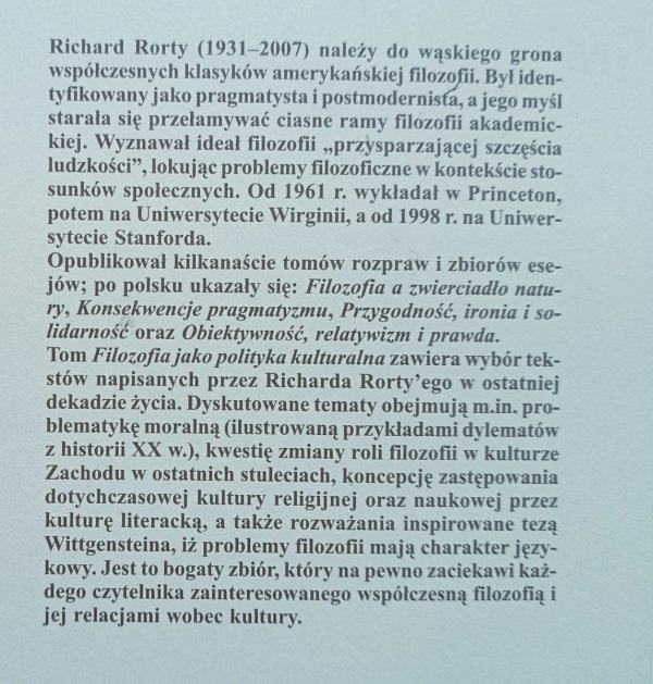 Richard Rorty Filozofia jako polityka kulturalna
