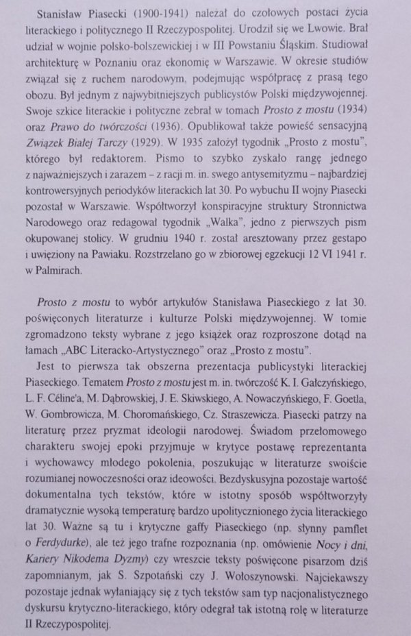 Stanisław Piasecki • Prosto z mostu. Wybór publicystyki literackiej