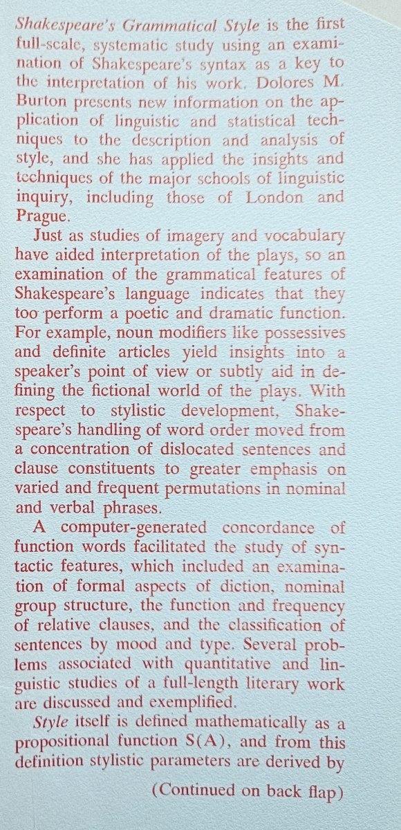 Dolores M. Burton Shakespeare's Grammatical Style