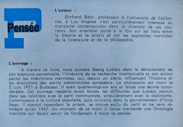 Ehrhard Bahr La pensee de Georg Lukacs