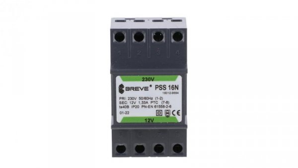 Transformator 1-fazowy modułowy bezpieczeństwa PSS 16N 230/ 12V 1,33A, na szynę DIN, IP20, Ta 40, 16012-9894