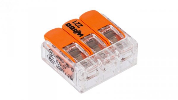 Szybkozłączka 3x 0,5-6,0mm2 uniwersalna (na drut / na linkę) 450V/41A ORYGINALNA 30szt. 221-613