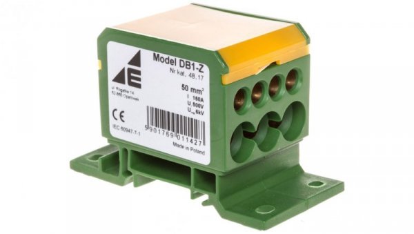 Blok rozdzielczy 2x4-50mm2/3x2,5-25mm2/4x2,5-16mm2 żółto-zielony montaz płaski i na szynie TH DB1-Z 48.17