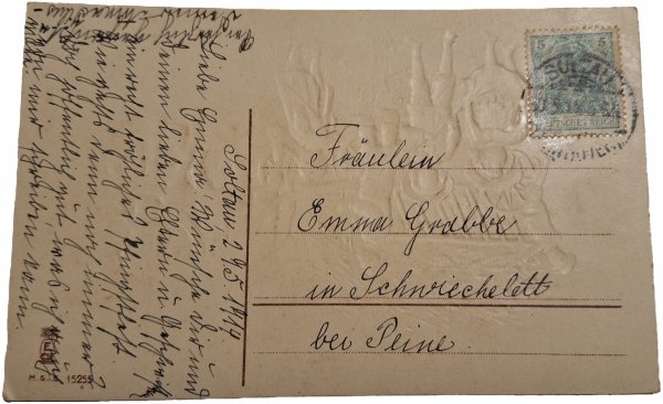 KP004  FROHLICHE PFINGSTEN - WESOŁYCH ŚWIĄT (wytłoczona pocztówka 1914)