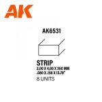 AK Interactive AK6531 STRIPS 2.00 X 4.00 X 350MM – STYRENE STRIP – (8 UNITS)