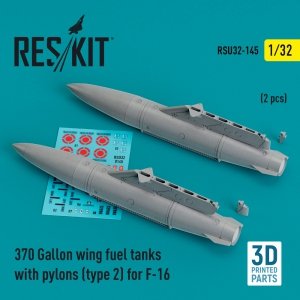 RESKIT RSU32-0145 370 Gallon wing fuel tanks with pylons (type 2) for F-16 (2 pcs) (3D Printed) 1/32