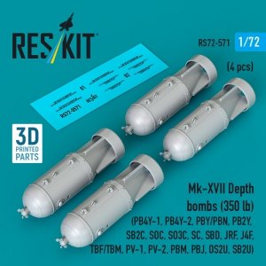 RESKIT RS72-0571 Mk-XVII Depth bombs (350 lb) (4 pcs) (PB4Y-1, PB4Y-2, PBY/PBN, PB2Y, SB2C, SOC, SO3C, SC, SBD, JRF, J4F, TBF/TBM, PV-1, PV-2, PBM, PBJ, OS2U, SB2U) (3D Printed) (1/72)