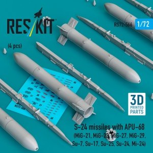 RESKIT RS72-0566 S-24 missiles with APU-68 (4 pcs) (MiG-21, MiG-23, MiG-27, MiG-29, Su-7, Su-17, Su-25, Su-24, Mi-24) (3D Printed) (1/72)