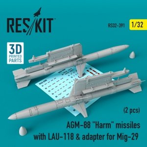 RESKIT RS32-0391 AGM-88 HARM MISSILES WITH LAU-118 & ADAPTER FOR MIG-29 (2 PCS) 1/32